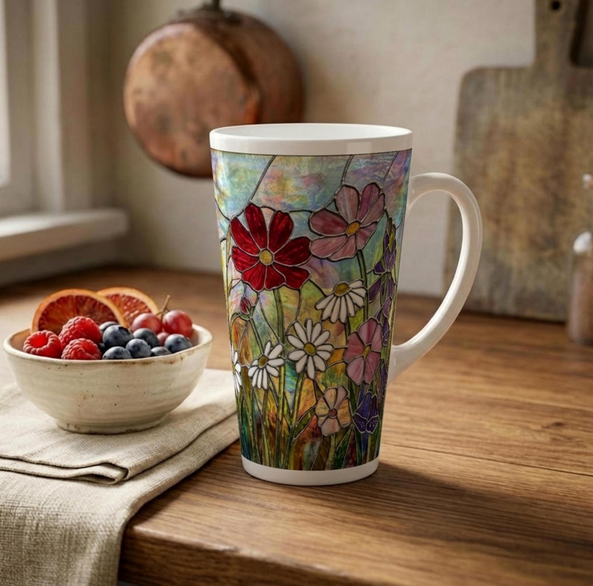 Floral - Large Latte Mug - Coffee or Tea Cup, 17oz Ceramic, Extra Tall