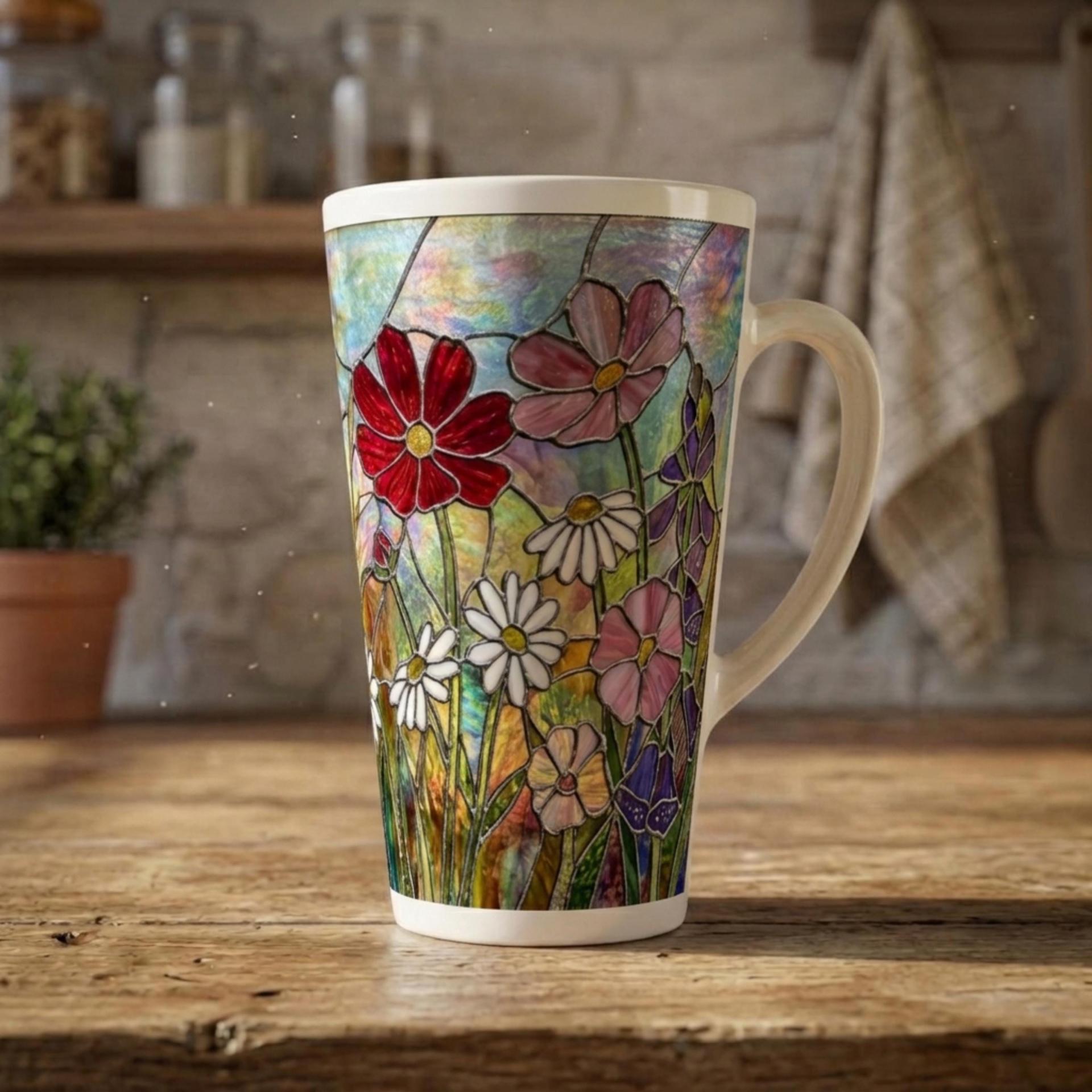 Floral - Large Latte Mug - Coffee or Tea Cup, 17oz Ceramic, Extra Tall