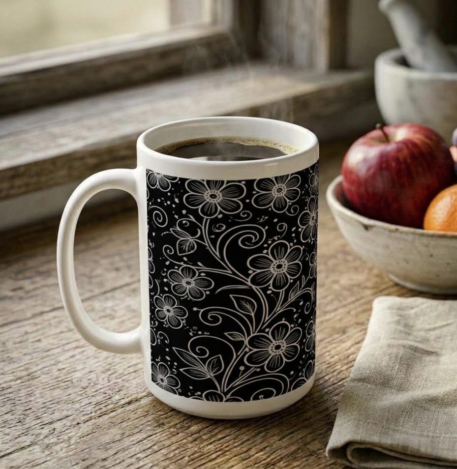 Set of Big Mugs, Dark Floral Cup Set, 15 oz