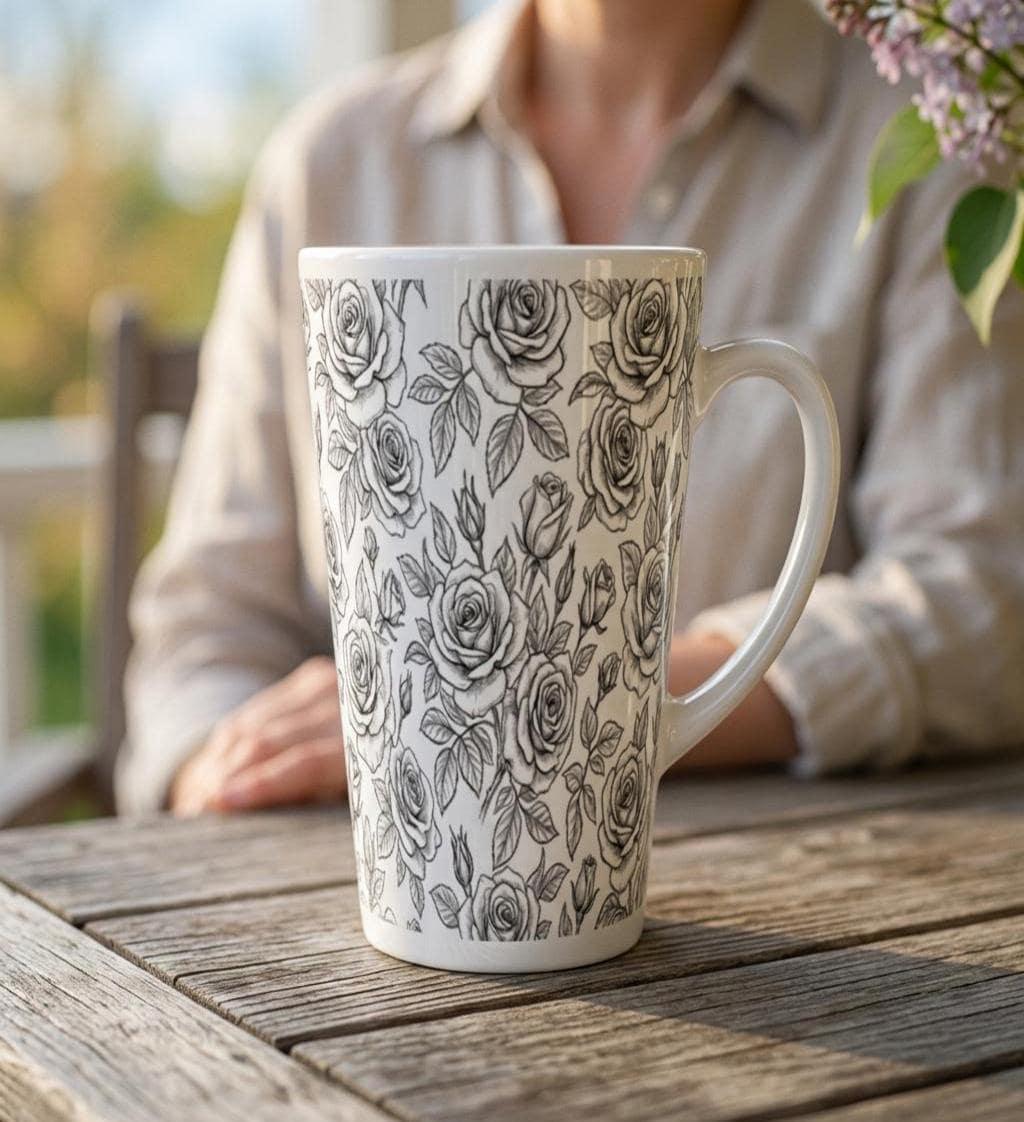 Roses, Latte 17oz Ceramic Mug - Coffee or Tea Cup, Extra Tall