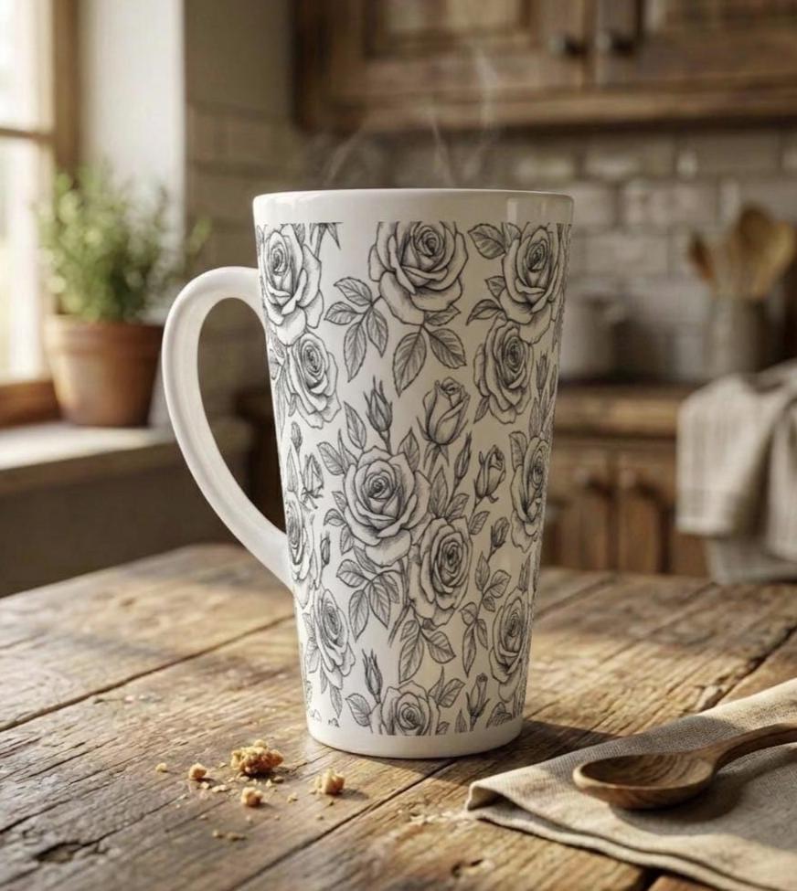 Roses, Latte 17oz Ceramic Mug - Coffee or Tea Cup, Extra Tall