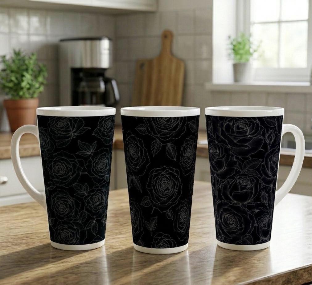 Set of 3 Cups, Floral, 17oz Latte Ceramic Mugs Set - Extra Tall Cup Set