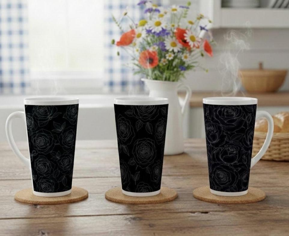 Set of 3 Cups, Floral, 17oz Latte Ceramic Mugs Set - Extra Tall Cup Set