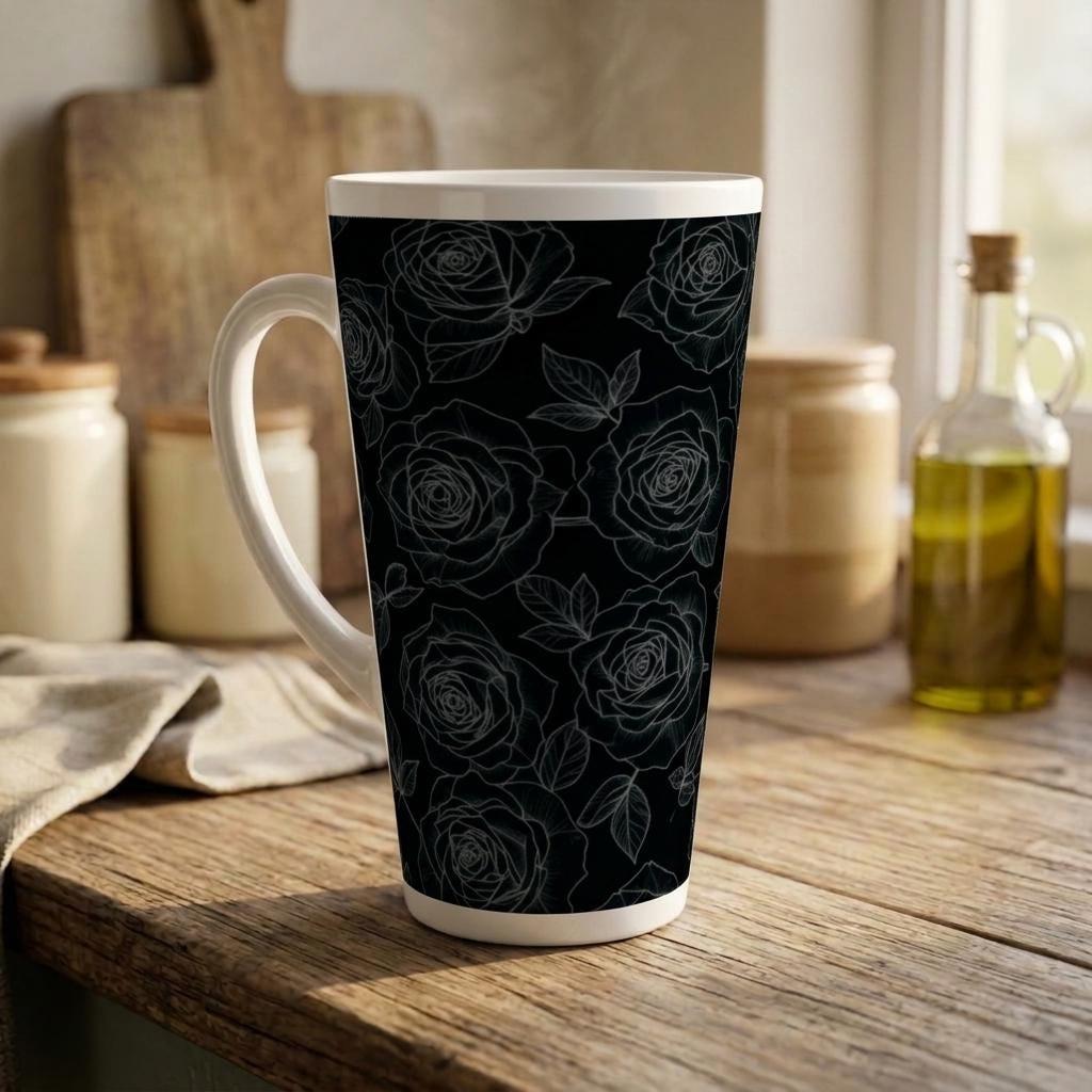 Set of 3 Cups, Floral, 17oz Latte Ceramic Mugs Set - Extra Tall Cup Set