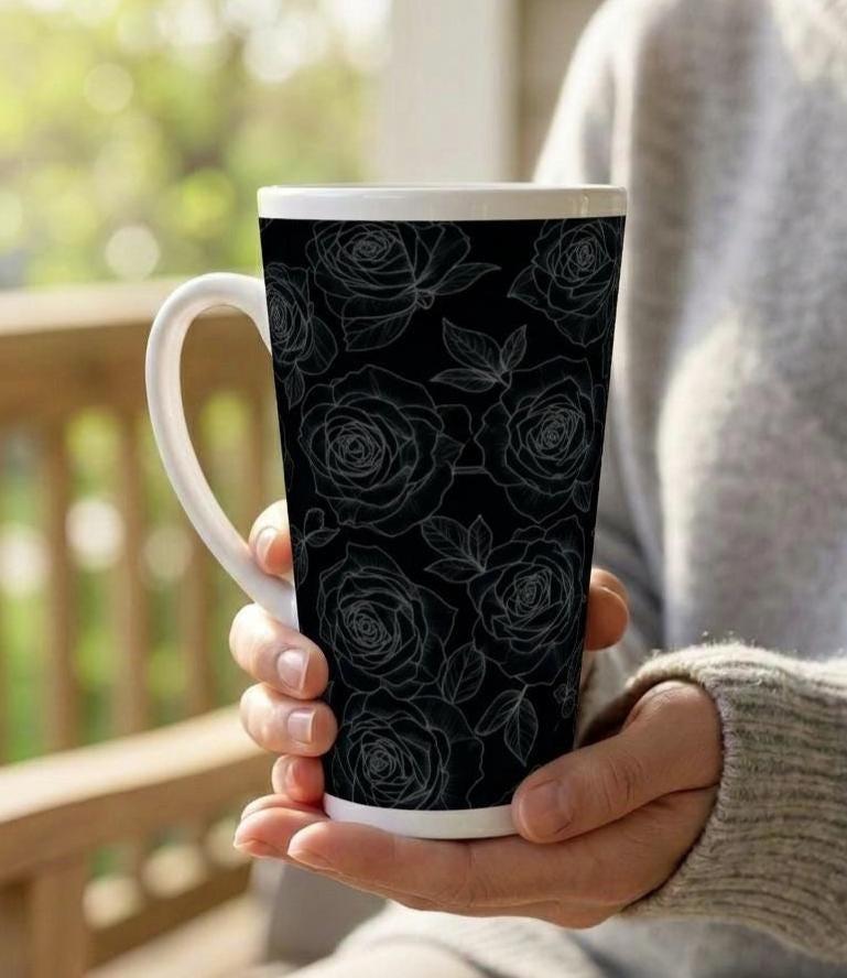 Set of 3 Cups, Floral, 17oz Latte Ceramic Mugs Set - Extra Tall Cup Set