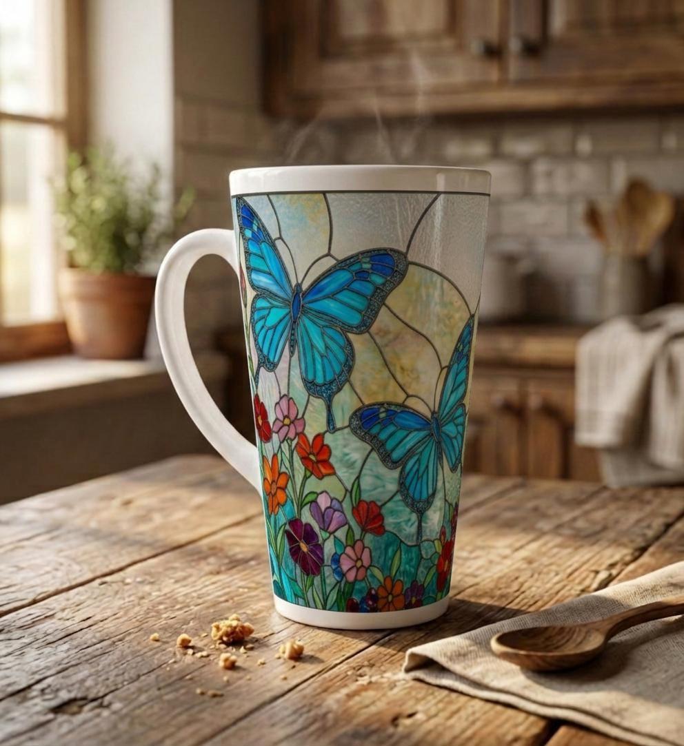 Set of 3 Cups, Butterfly, 17oz Latte Ceramic Mugs Set - Extra Tall Cup Set