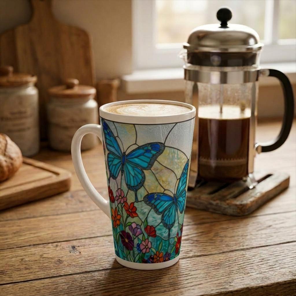 Set of 3 Cups, Butterfly, 17oz Latte Ceramic Mugs Set - Extra Tall Cup Set