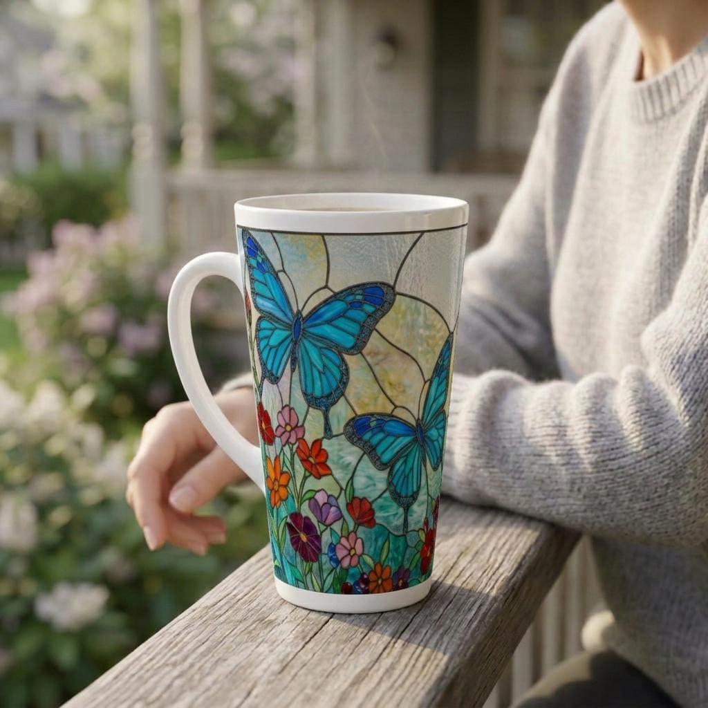 Set of 3 Cups, Butterfly, 17oz Latte Ceramic Mugs Set - Extra Tall Cup Set