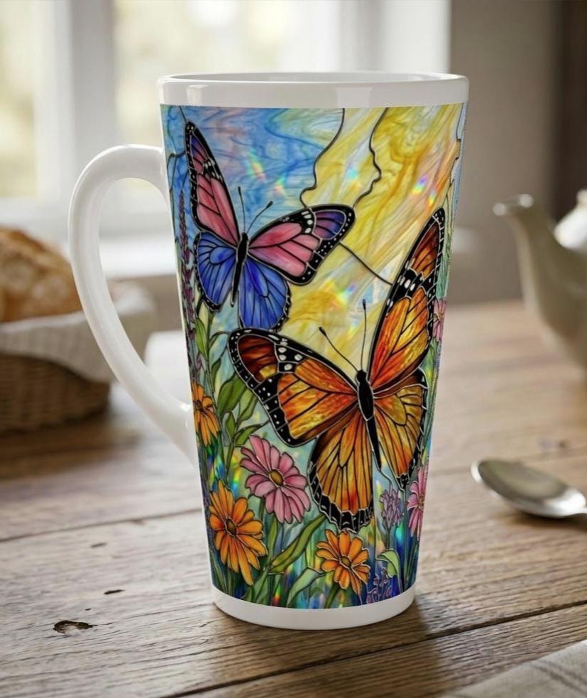 Set of 3 Cups, Butterfly, 17oz Latte Ceramic Mugs Set - Extra Tall Cup Set