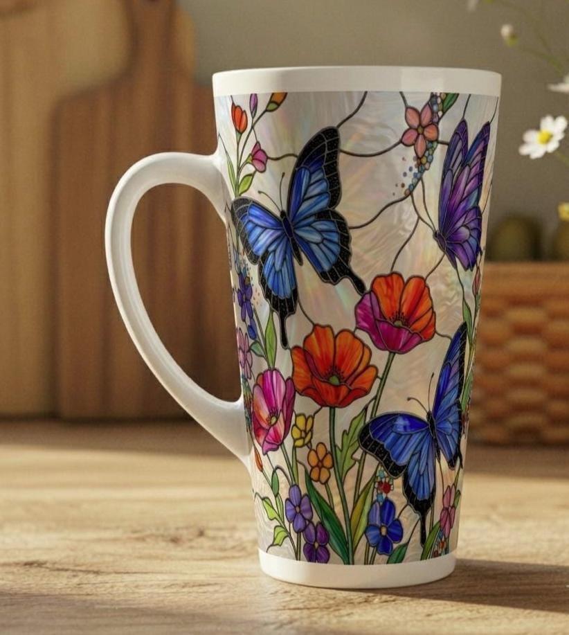 Set of 3 Cups, Butterfly, 17oz Latte Ceramic Mugs Set - Extra Tall Cup Set