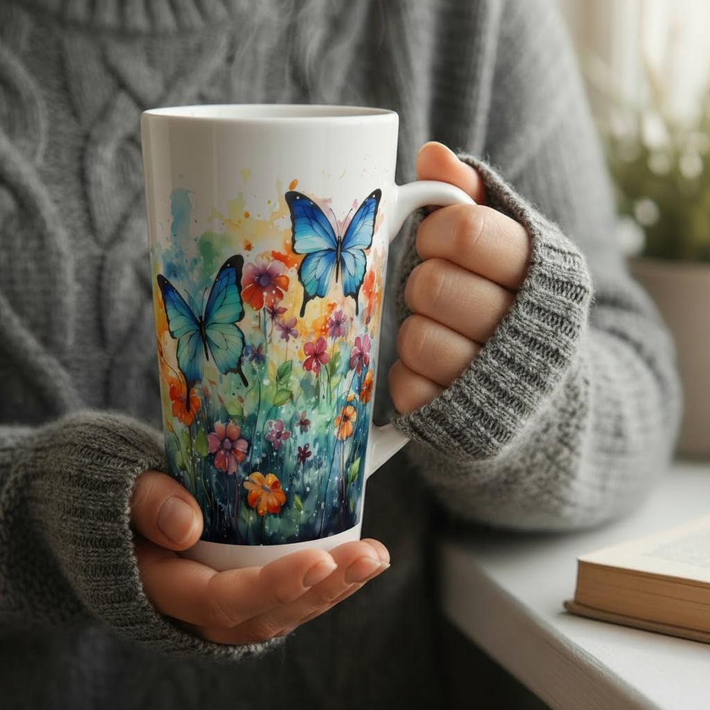 Set of 3 Cups, Butterfly, 17oz Latte Ceramic Mugs Set - Extra Tall Cup Set