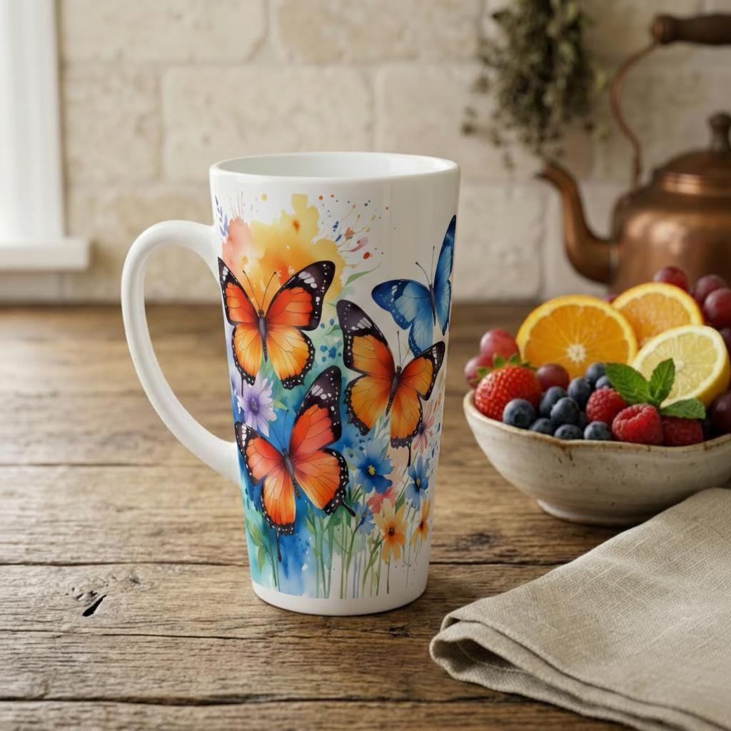 Set of 3 Cups, Butterfly, 17oz Latte Ceramic Mugs Set - Extra Tall Cup Set