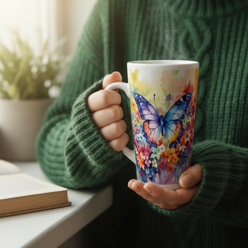 Set of 3 Cups, Butterfly, 17oz Latte Ceramic Mugs Set - Extra Tall Cup Set