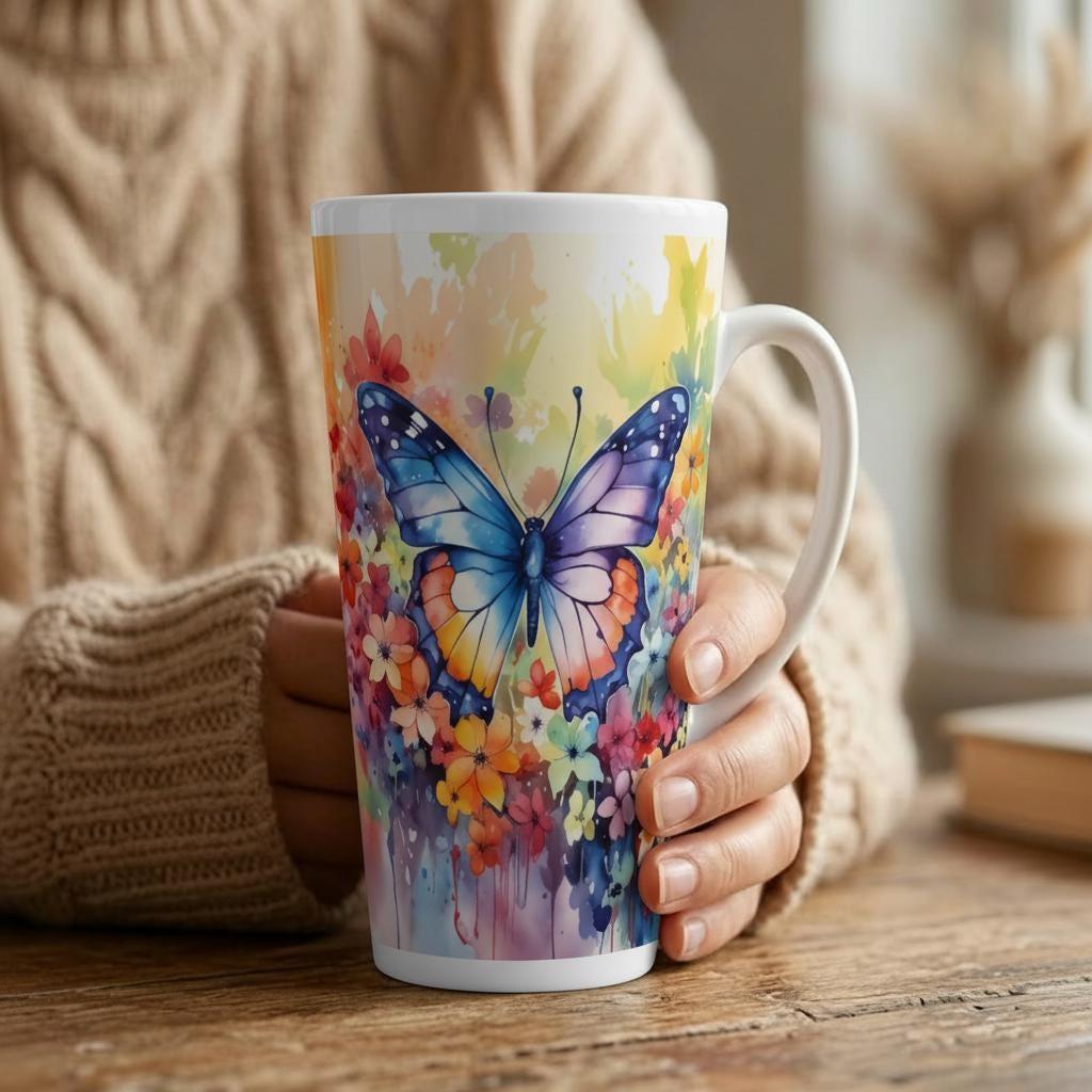 Set of 3 Cups, Butterfly, 17oz Latte Ceramic Mugs Set - Extra Tall Cup Set