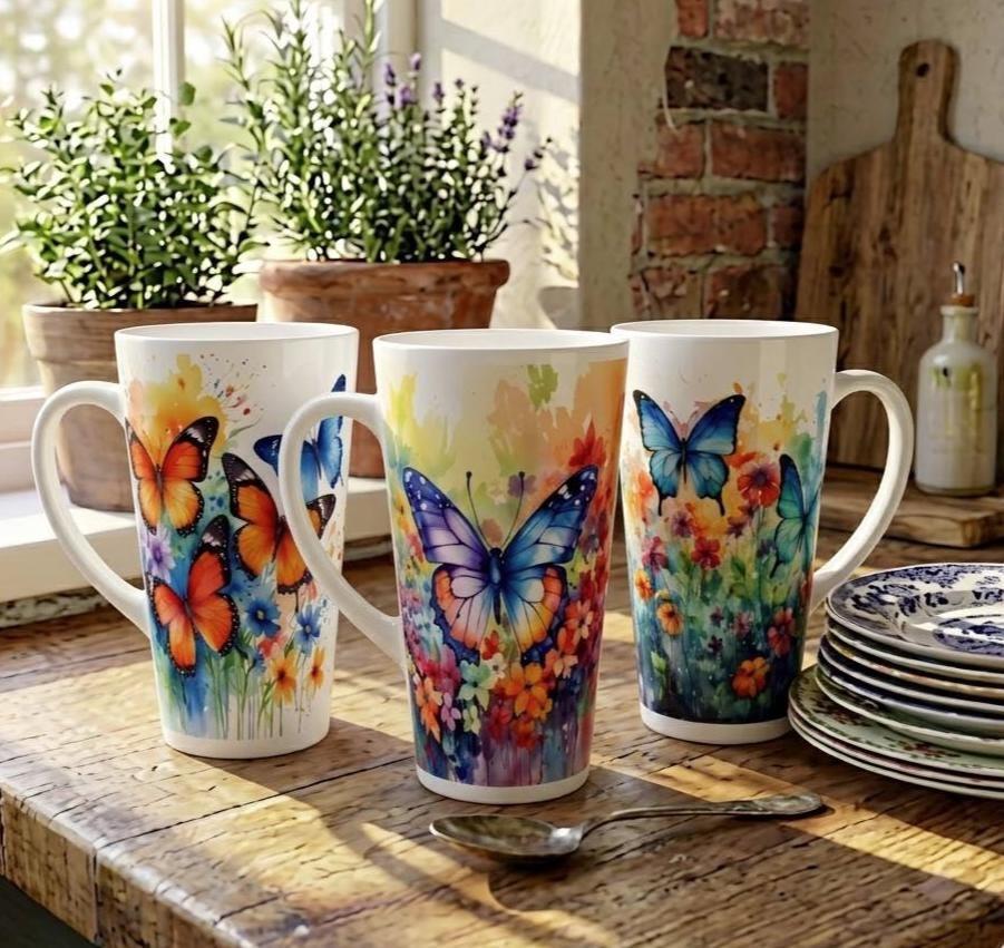 Set of 3 Cups, Butterfly, 17oz Latte Ceramic Mugs Set - Extra Tall Cup Set