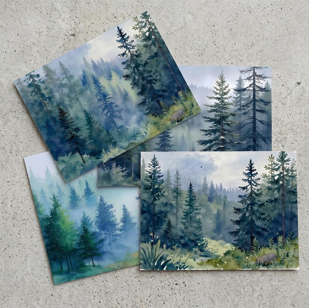 Forest Greeting Cards, Set of 4, Botanical Art, Blank Gift Cards