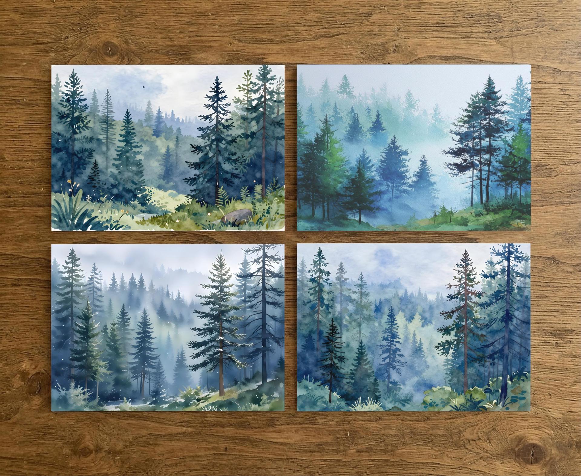 Forest Greeting Cards, Set of 4, Botanical Art, Blank Gift Cards