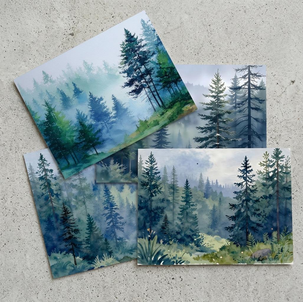 Forest Greeting Cards, Set of 4, Botanical Art, Blank Gift Cards