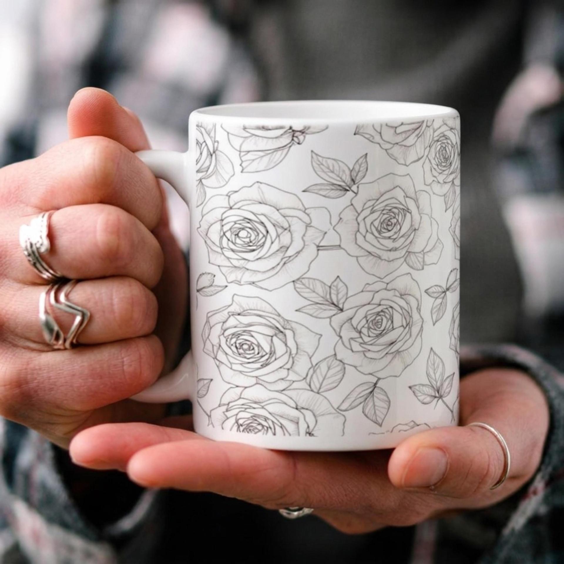Roses, Floral Cups Set -  Large and Small Ceramic Mugs
