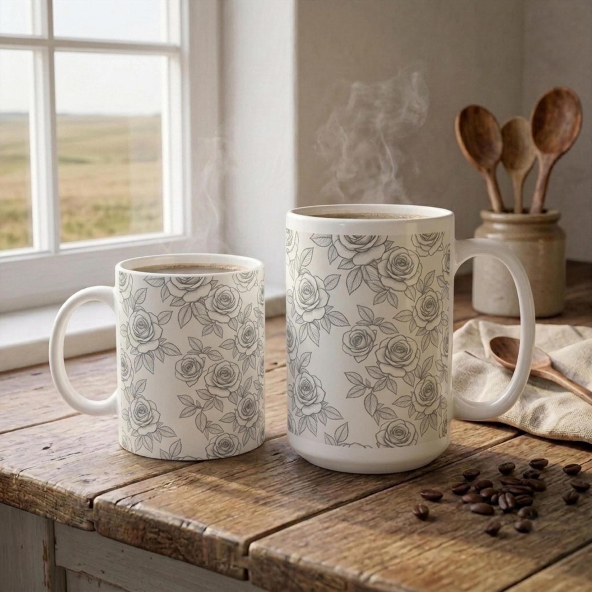 Roses, Floral Mugs, Large and Small Cup Set