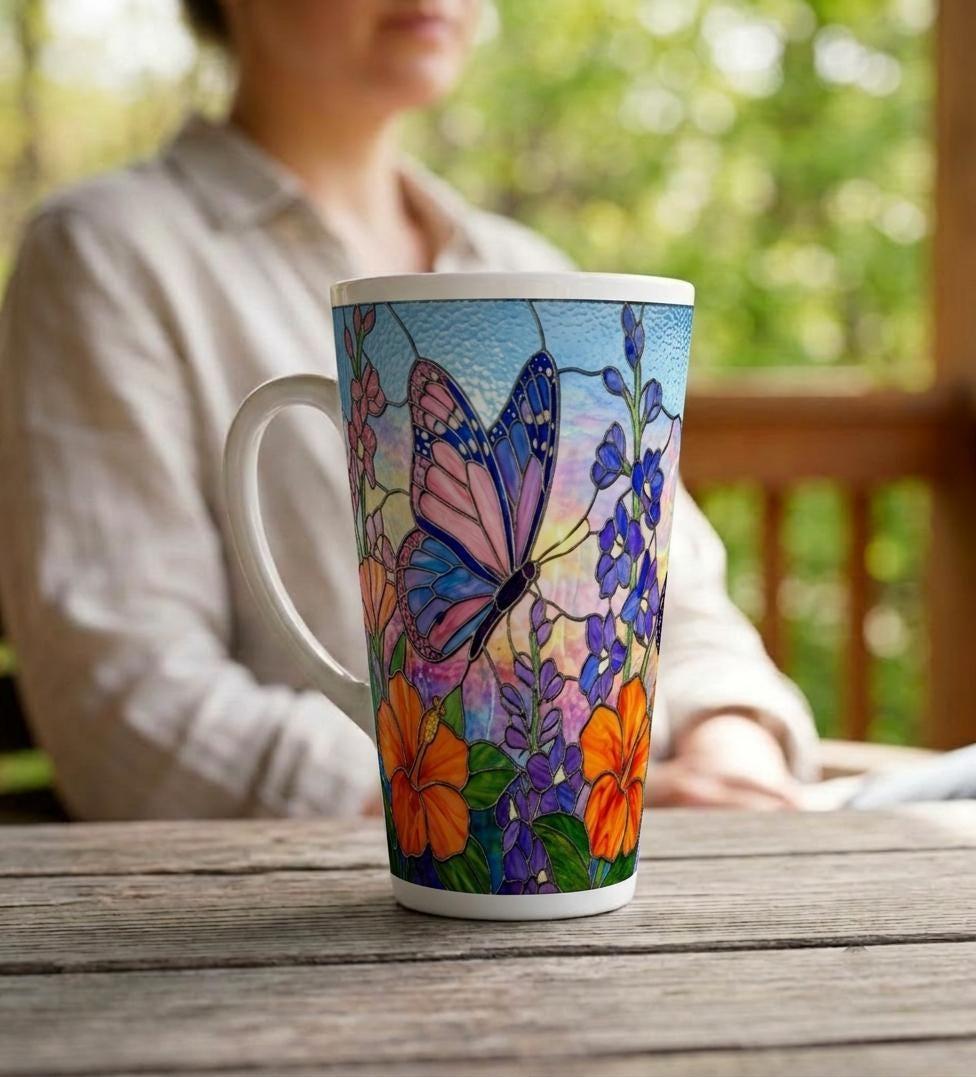 Butterfly Cup, Latte 17oz Ceramic Mug - Coffee or Tea Cup, Extra Tall