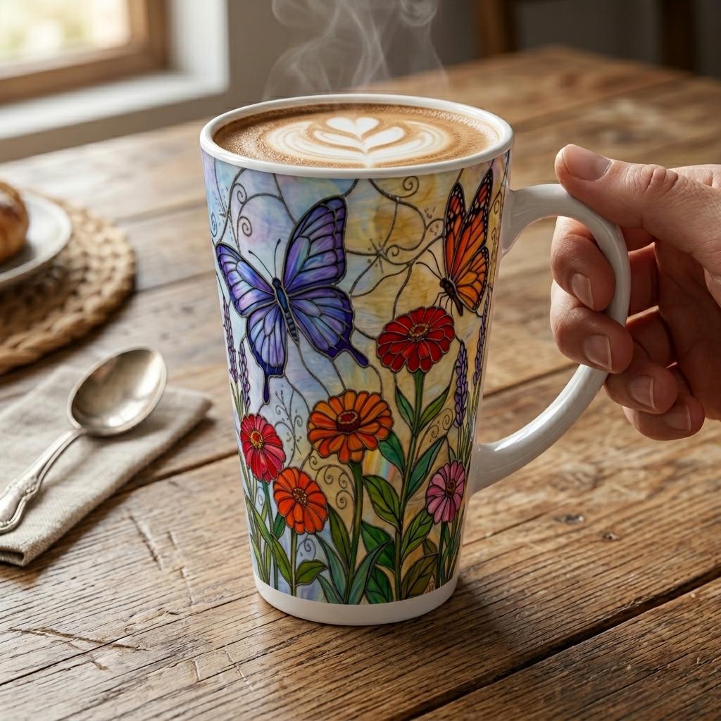 Butterfly Mug, Latte 17oz Ceramic Mug - Coffee or Tea Cup, Extra Tall