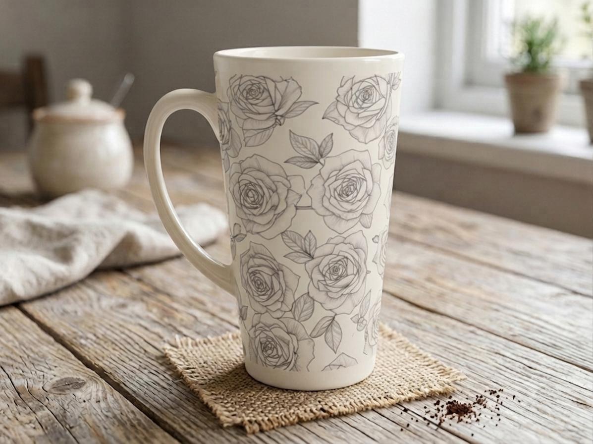 Roses - Large Latte Mug - Floral Coffee or Tea Cup, 17oz Ceramic, Extra Tall