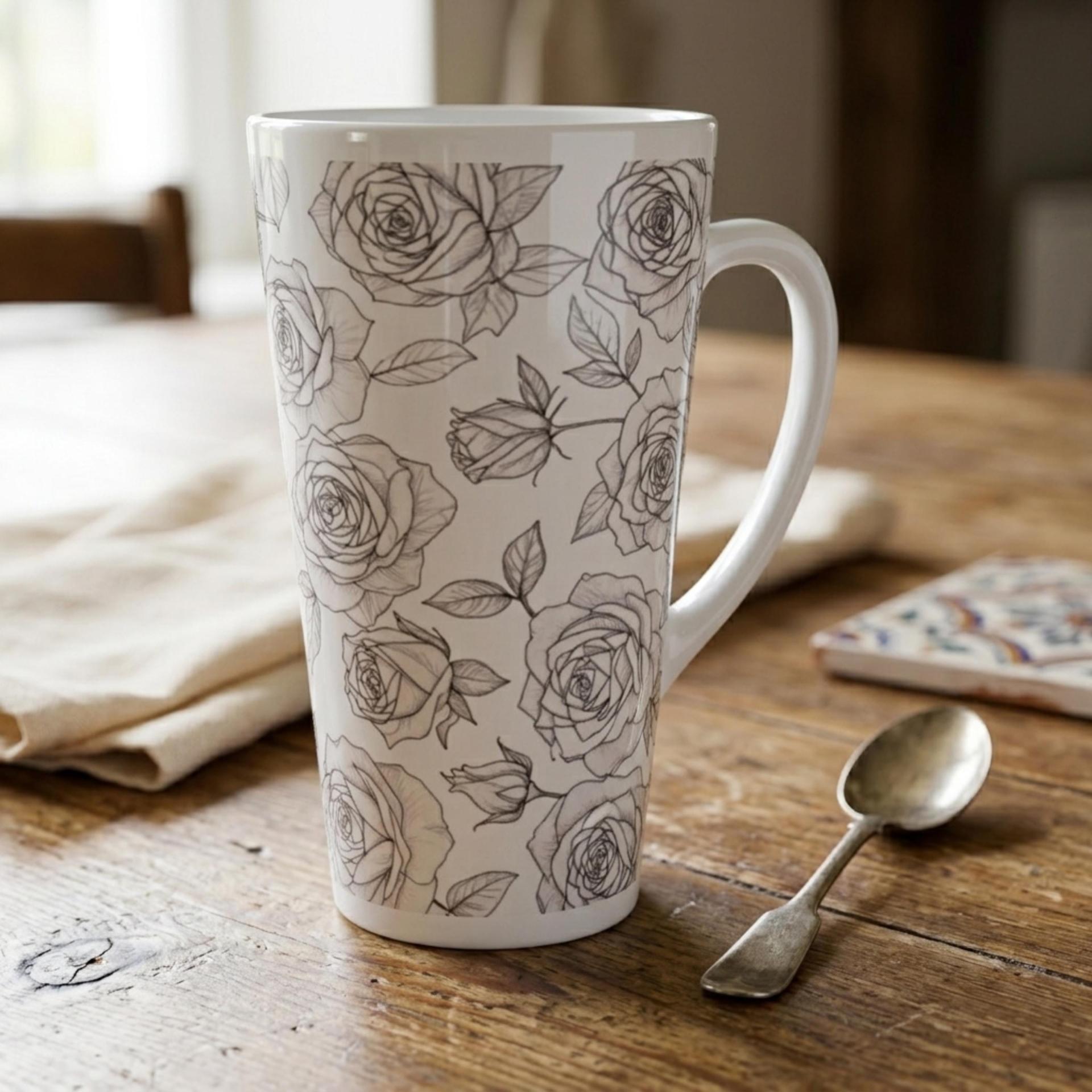 Roses - Large Latte Mug - Floral Coffee or Tea Cup, 17oz Ceramic, Extra Tall