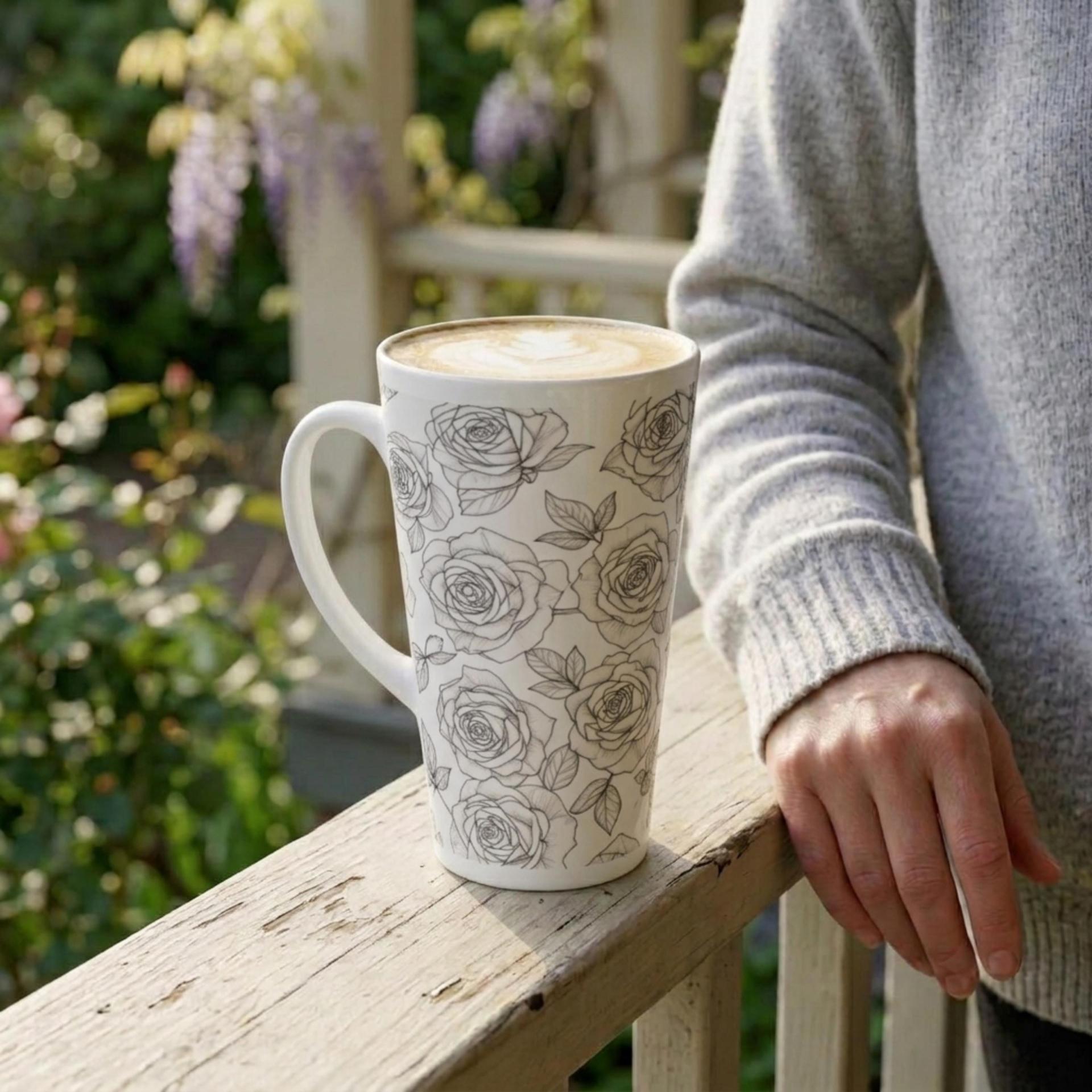 Roses - Large Latte Mug - Floral Coffee or Tea Cup, 17oz Ceramic, Extra Tall