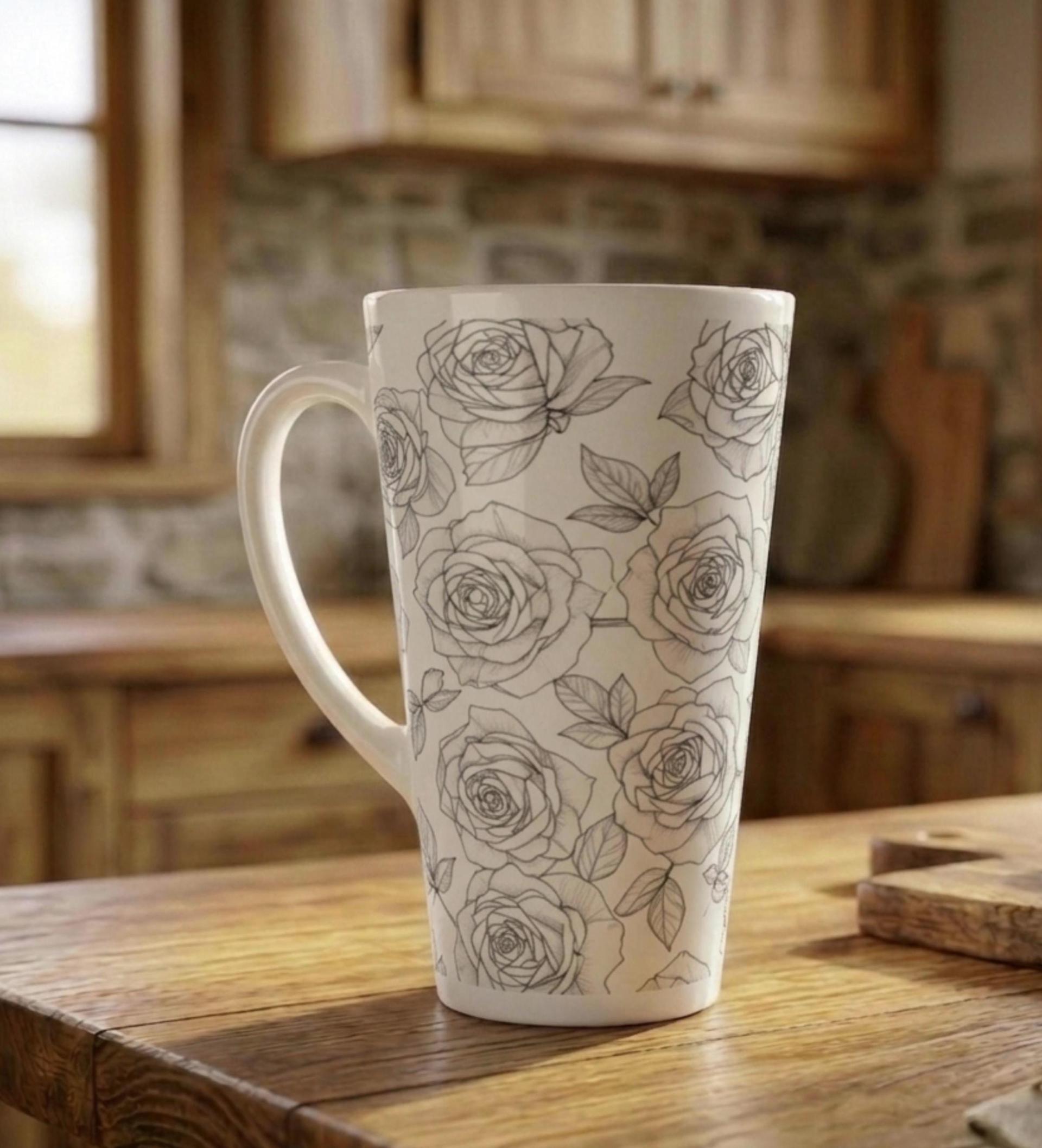 Roses - Large Latte Mug - Floral Coffee or Tea Cup, 17oz Ceramic, Extra Tall