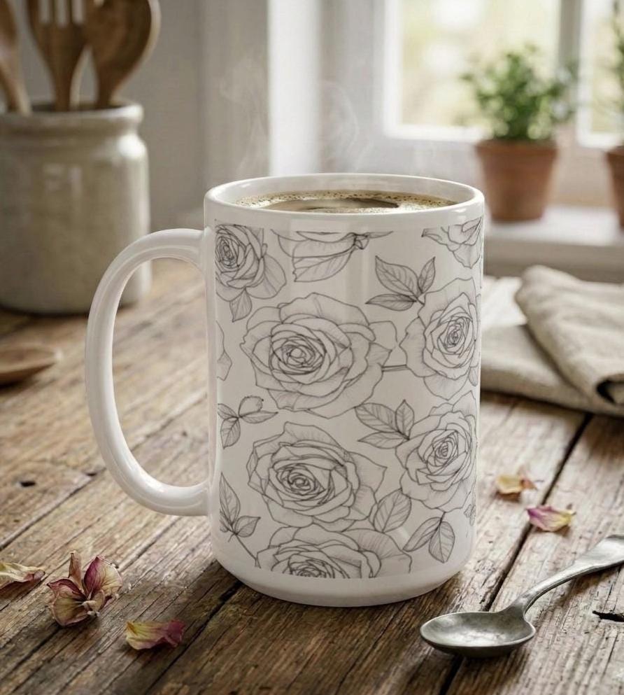 Roses, Floral Cups Set -  Large and Small Ceramic Mugs