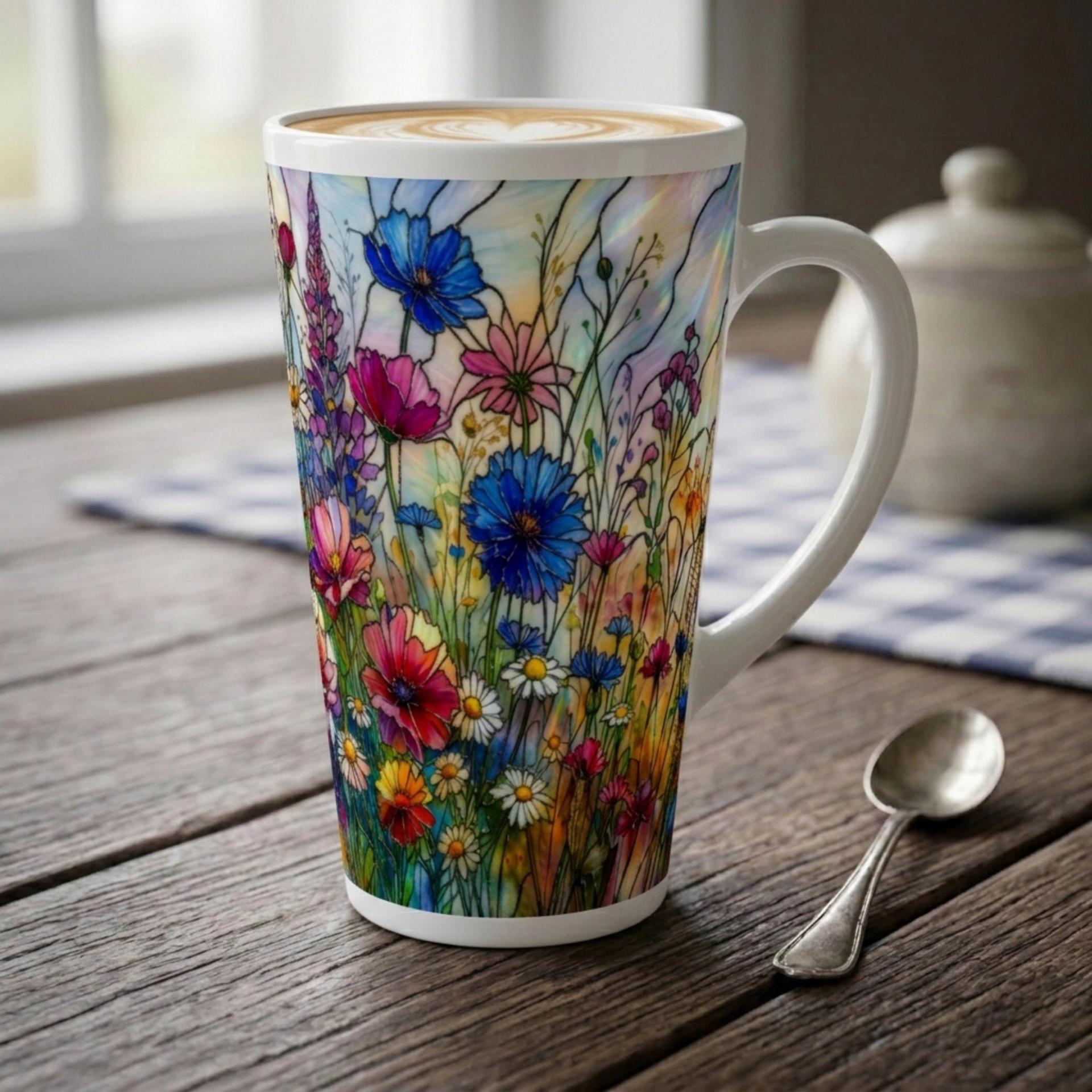 Large Floral Mugs, Latte Mug - Coffee or Tea Cup, Extra Tall, 17oz Ceramic