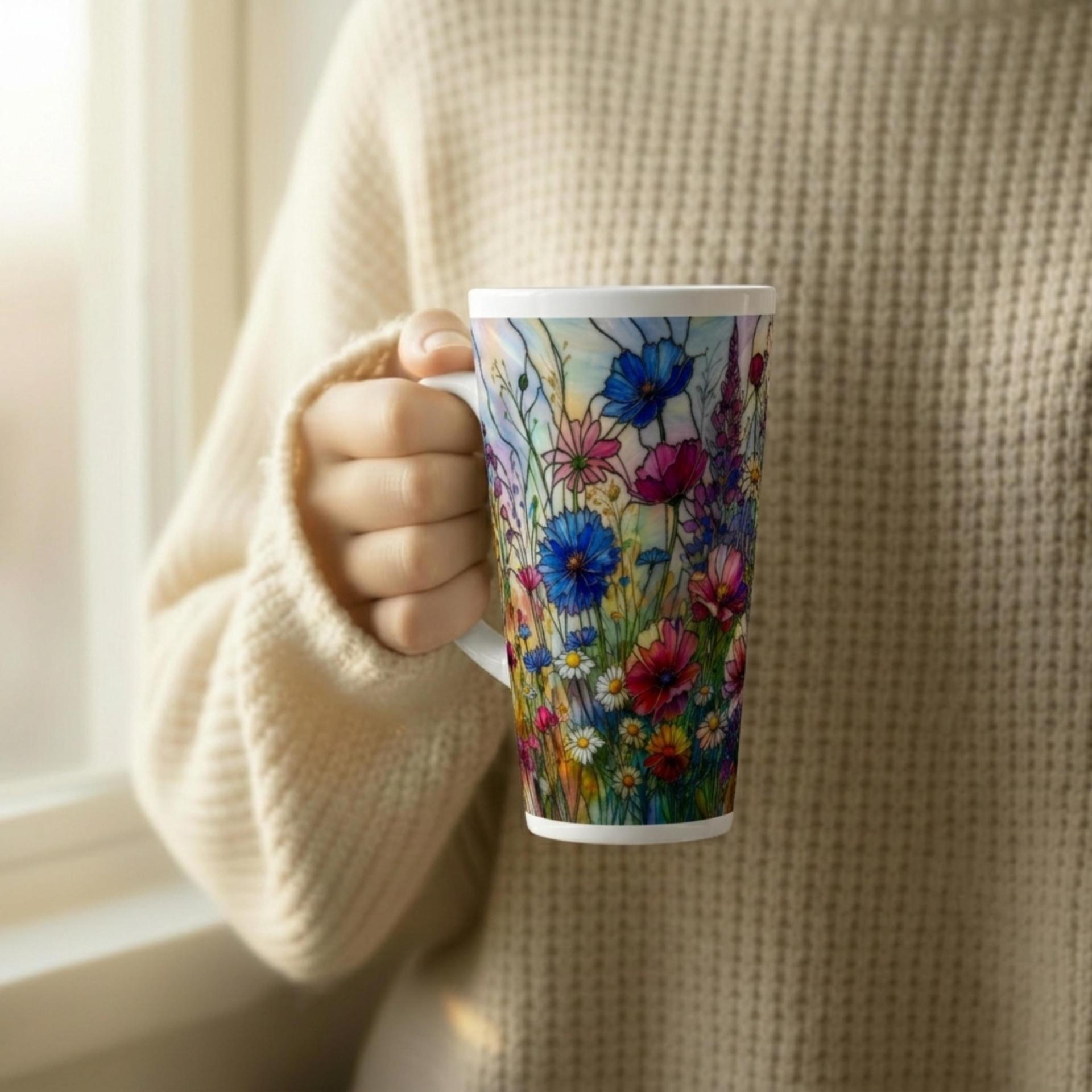 Large Floral Mugs, Latte Mug - Coffee or Tea Cup, Extra Tall, 17oz Ceramic