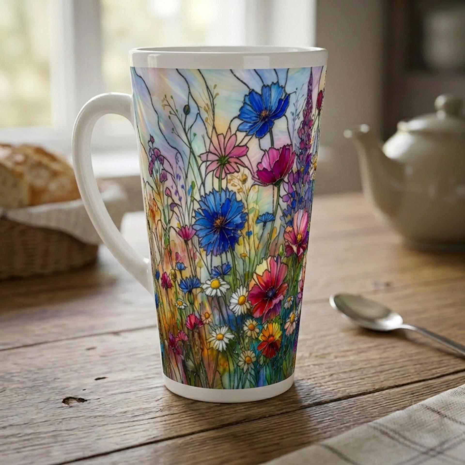 Large Floral Mugs, Latte Mug - Coffee or Tea Cup, Extra Tall, 17oz Ceramic