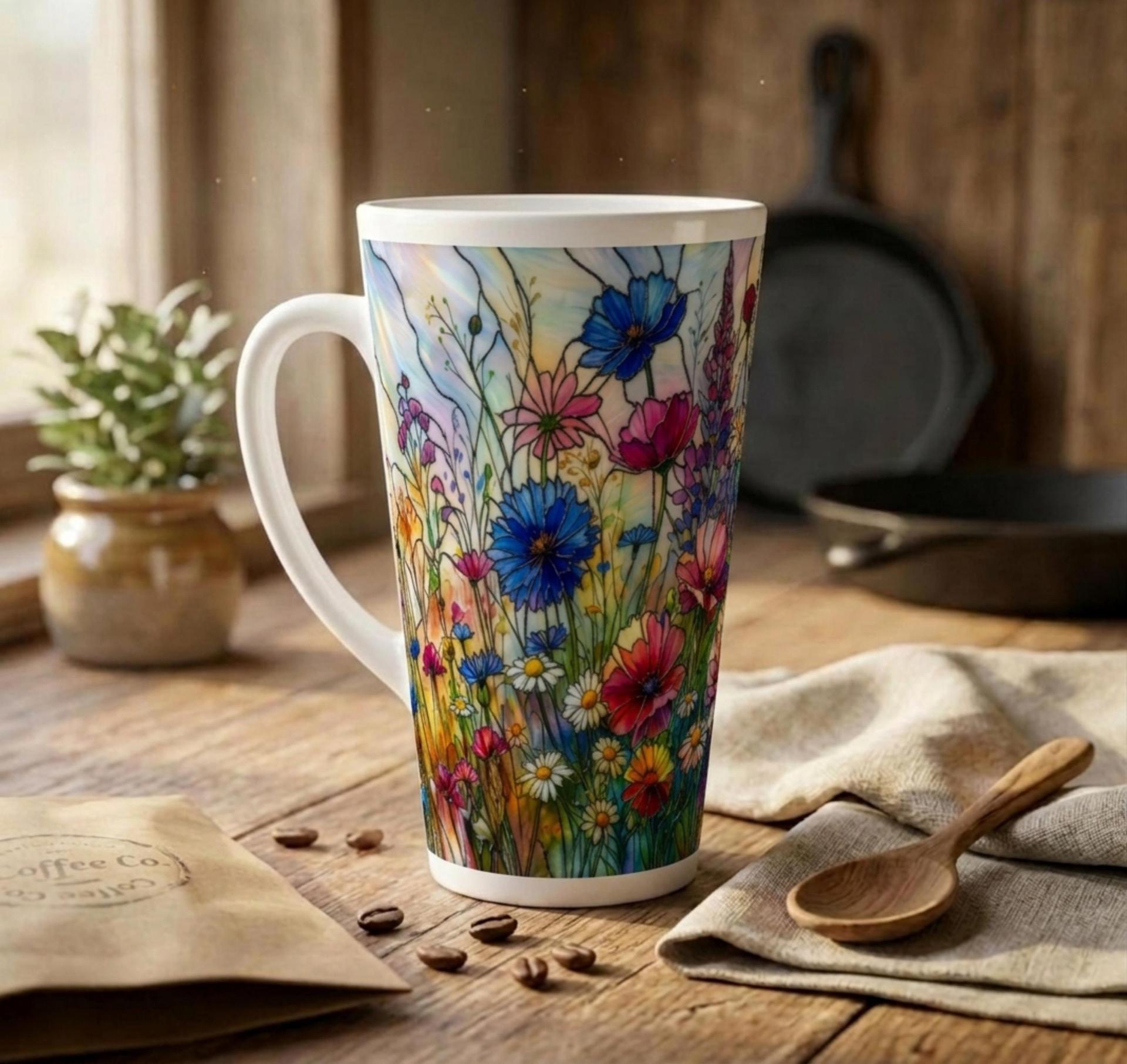 Large Floral Mugs, Latte Mug - Coffee or Tea Cup, Extra Tall, 17oz Ceramic
