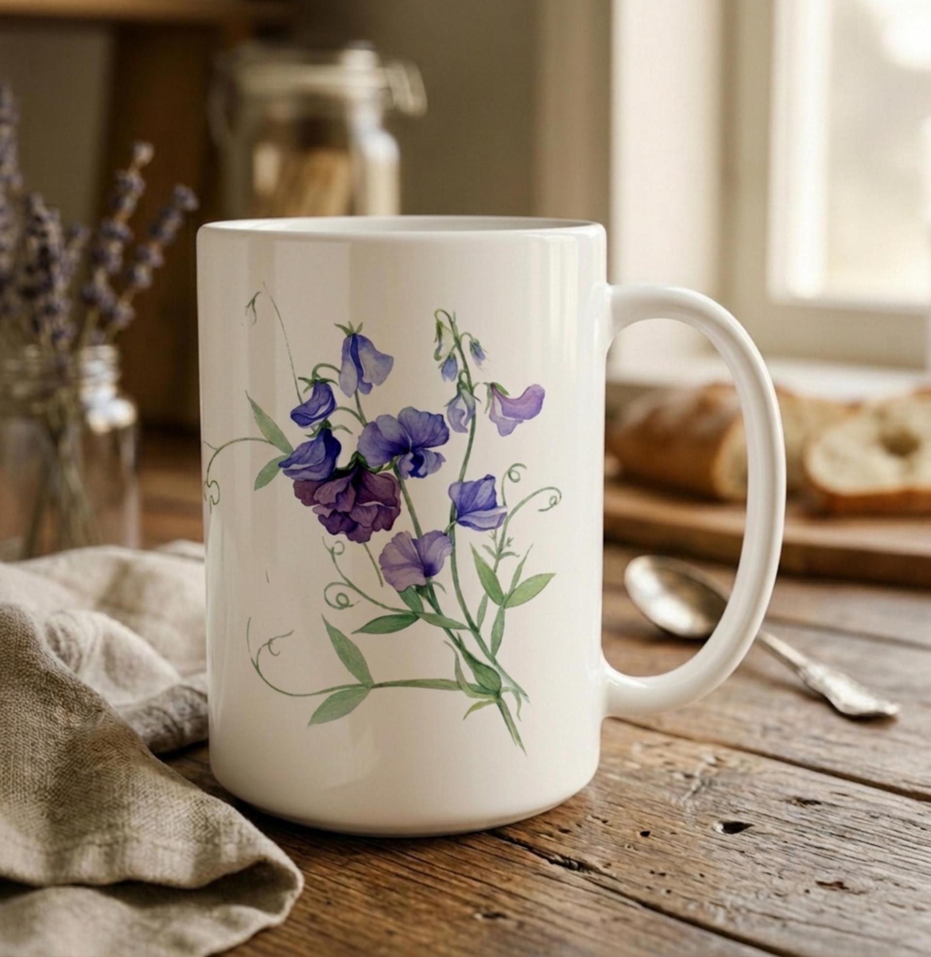 Sweet Pea, Floral Mug set, Large and Small Cups, 11oz or 15oz Ceramic Mugs