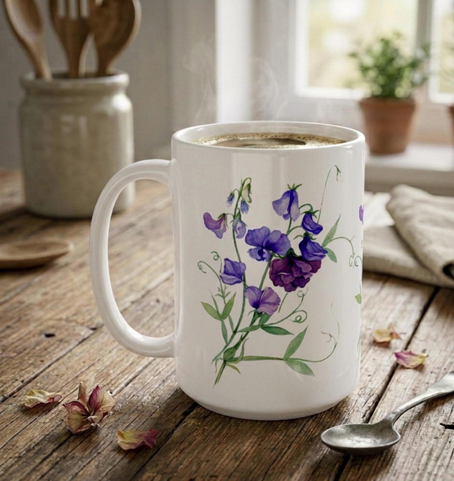 Sweet Pea, Floral Mug set, Large and Small Cups, 11oz or 15oz Ceramic Mugs