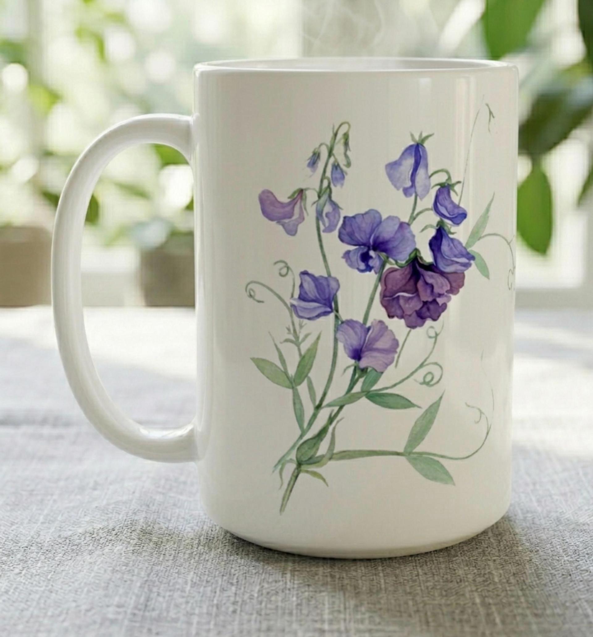 Sweet Pea, Floral Mug set, Large and Small Cups, 11oz or 15oz Ceramic Mugs