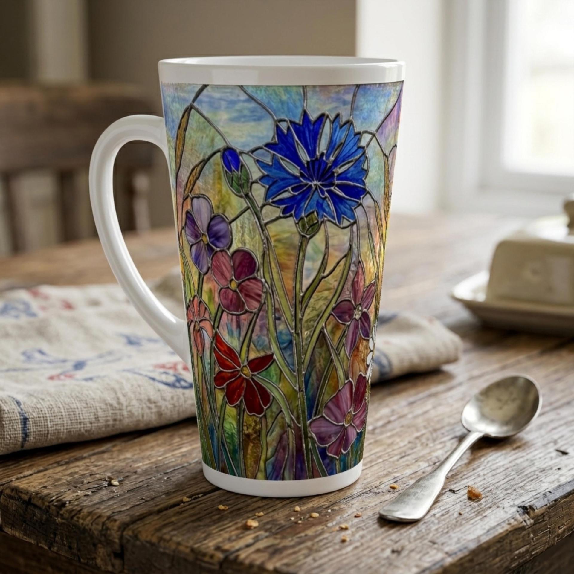 Floral - Large Latte Mug - Coffee or Tea Cup, 17oz Ceramic, Extra Tall