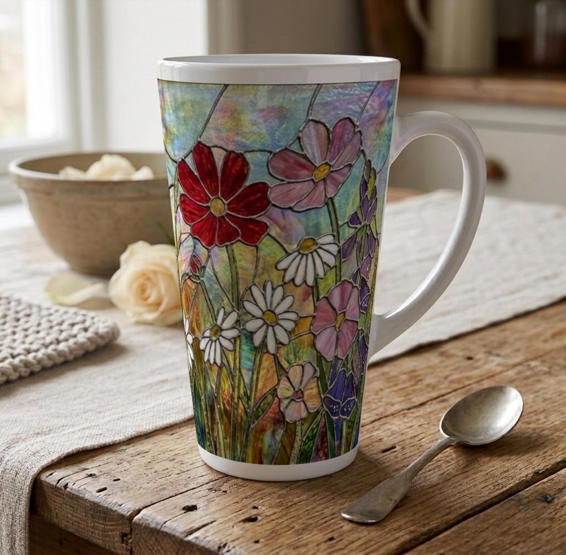 Floral - Large Latte Mug - Coffee or Tea Cup, 17oz Ceramic, Extra Tall