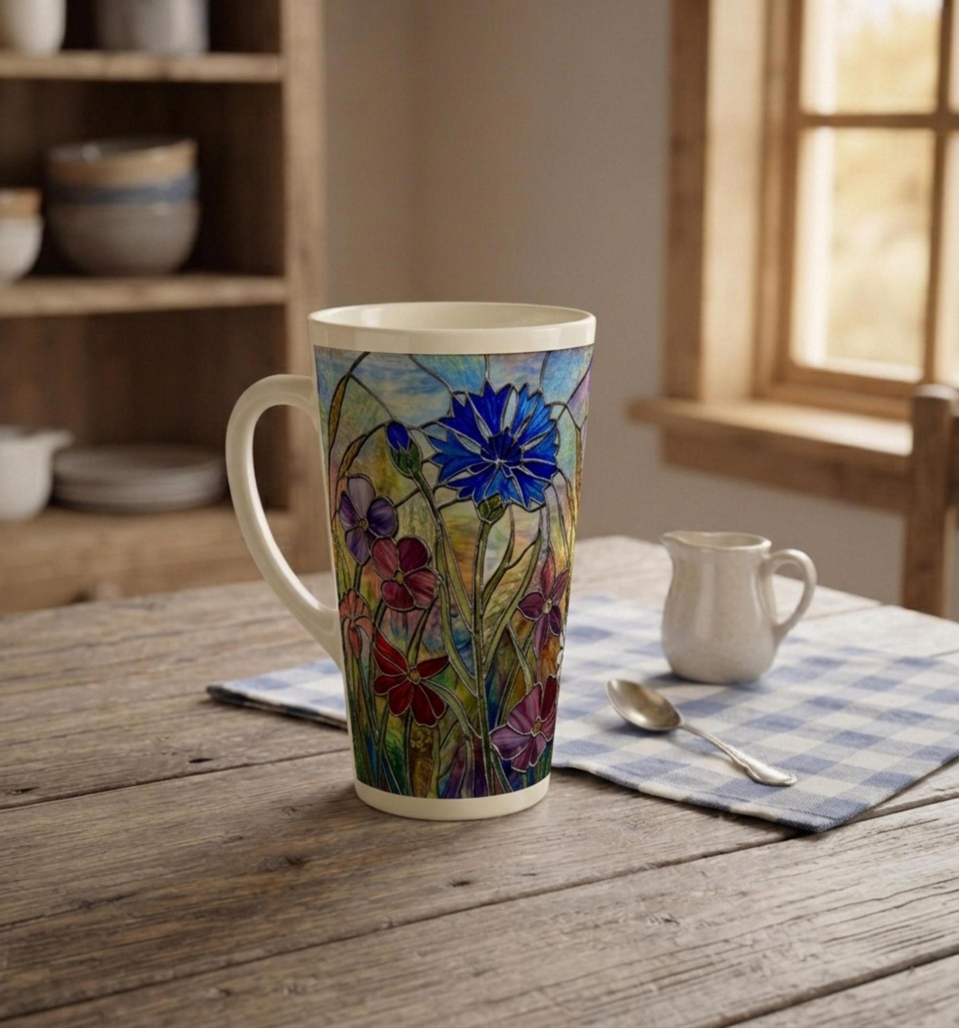 Floral - Large Latte Mug - Coffee or Tea Cup, 17oz Ceramic, Extra Tall