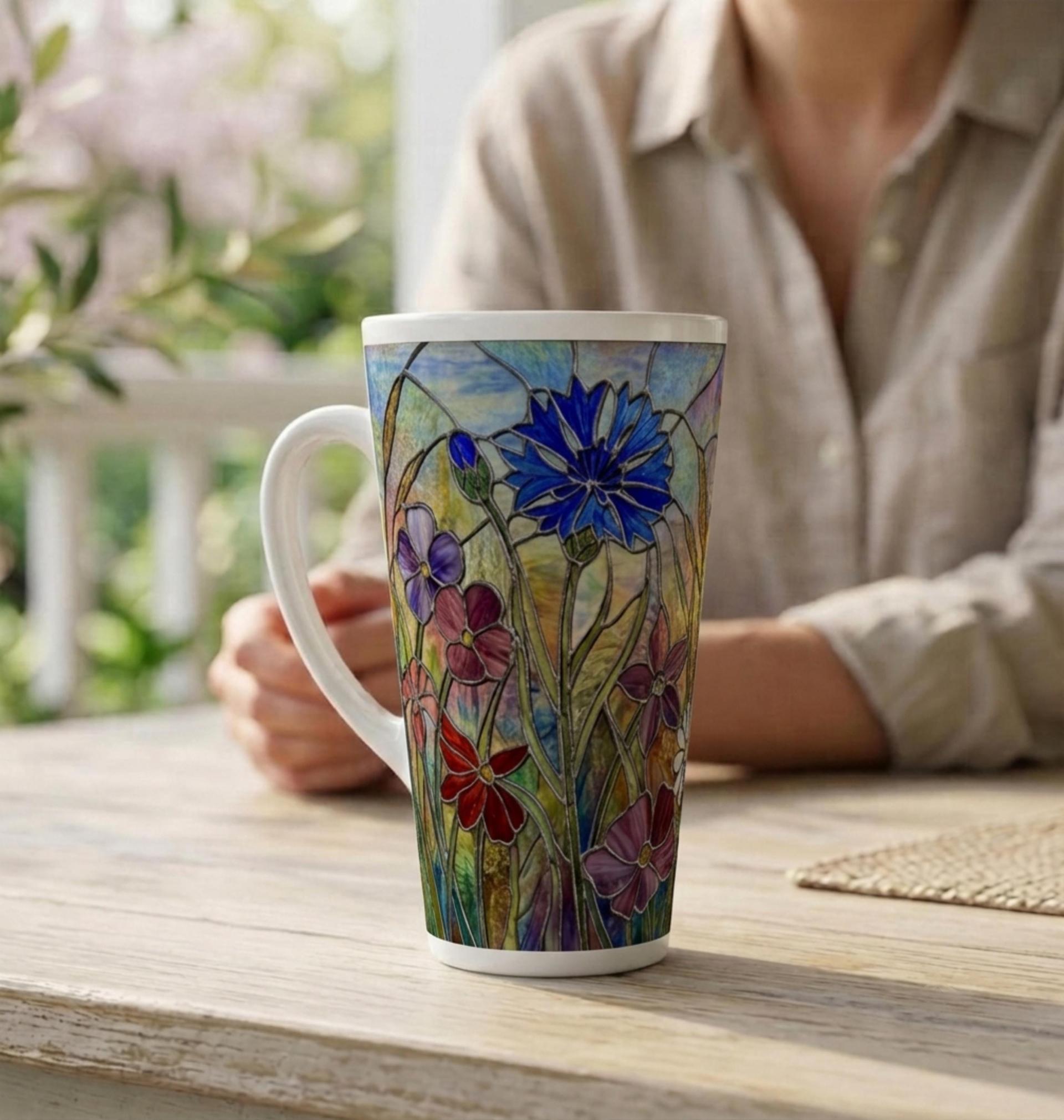 Floral - Large Latte Mug - Coffee or Tea Cup, 17oz Ceramic, Extra Tall