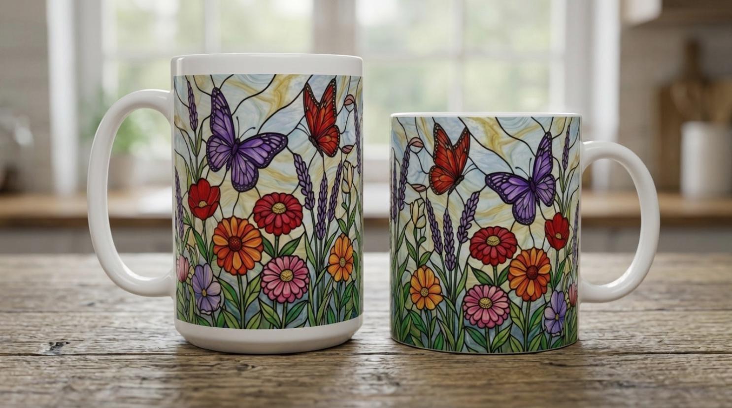 Butterfly Cups Set -  Large and Small Ceramic Mugs