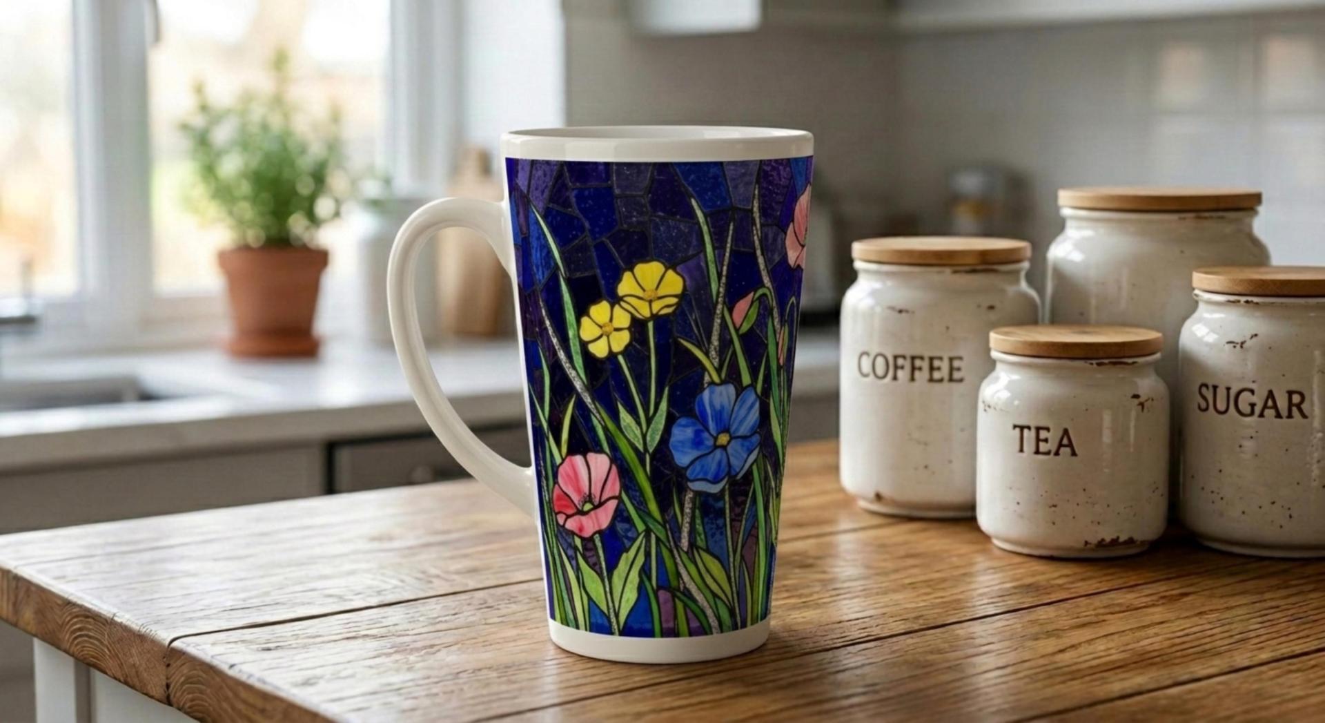 Floral Latte 17oz Ceramic Mug - Coffee or Tea Cup, Extra Tall