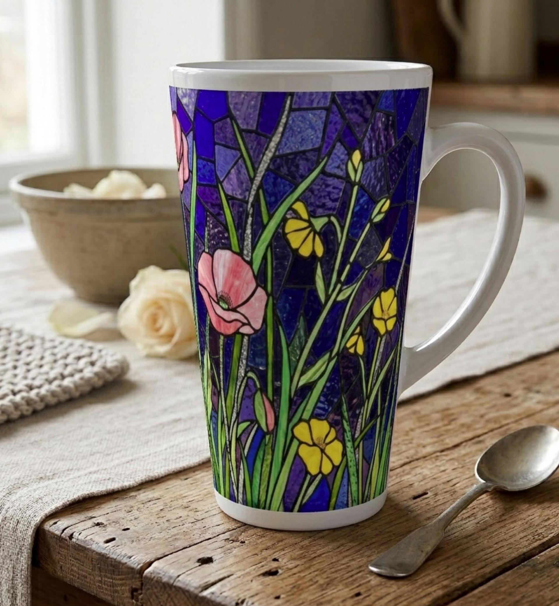 Floral Latte 17oz Ceramic Mug - Coffee or Tea Cup, Extra Tall