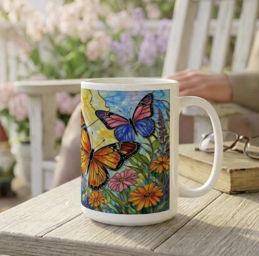 Set of Big Mugs, Butterfly Cup Set, Large 15 oz Matching Cups