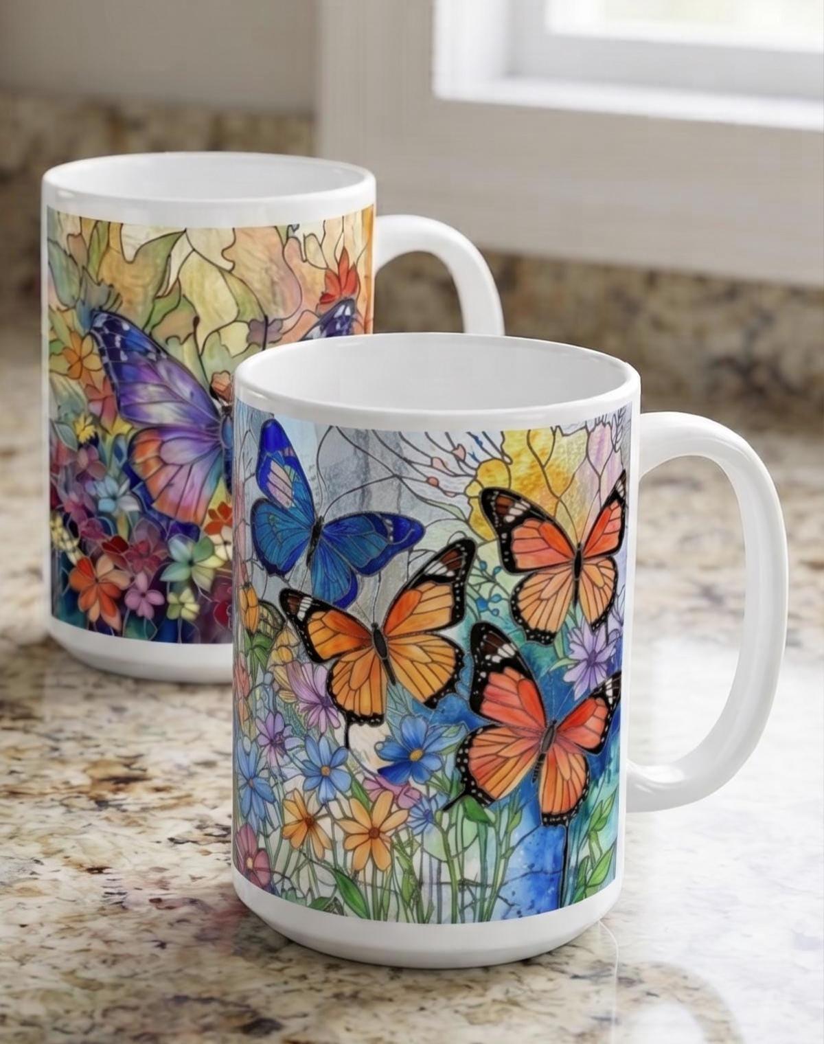 Set of Big Mugs, Butterfly Cup Set, Large 15 oz Matching Cups