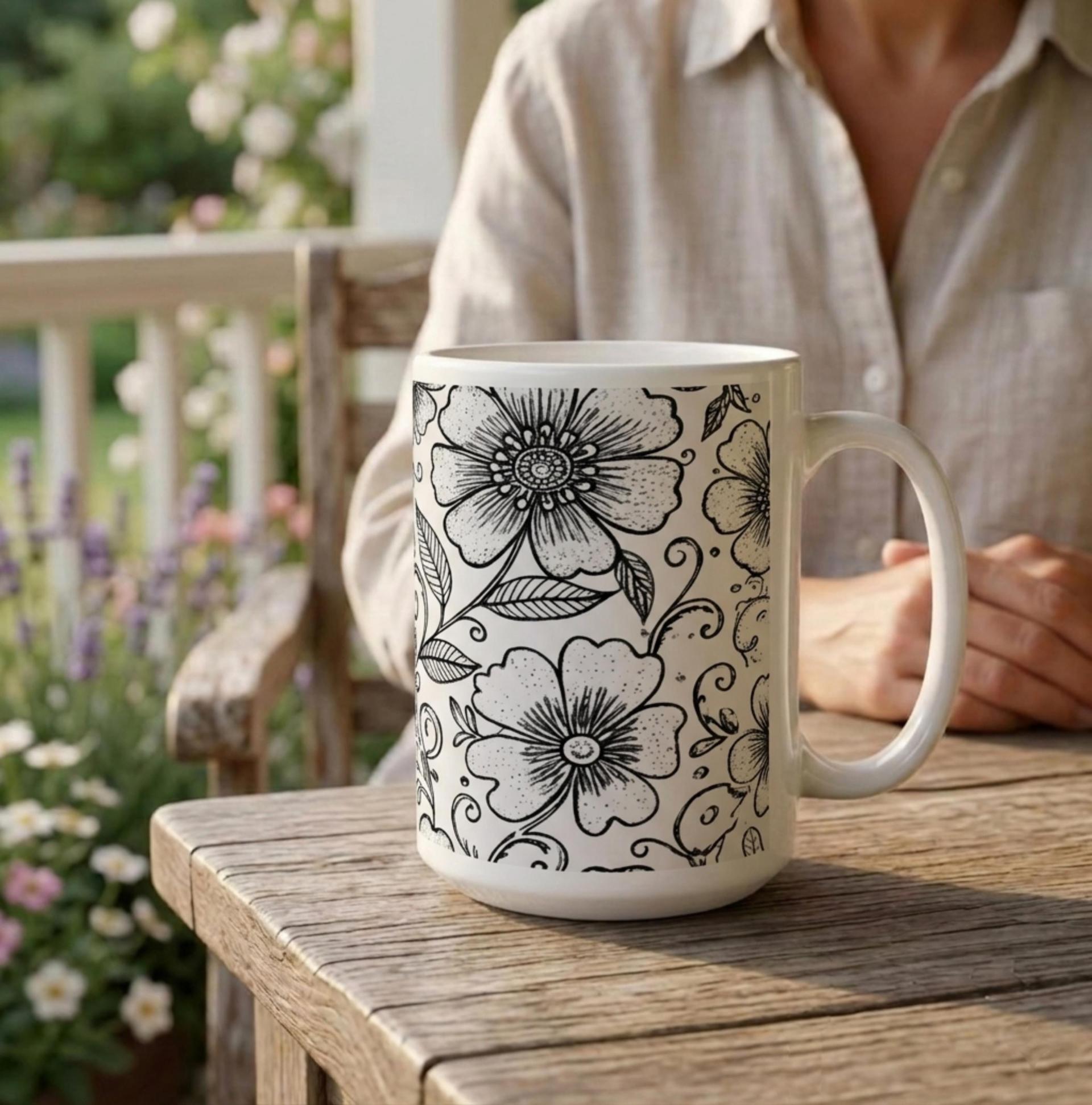 Set of Big Mugs, Floral Cup Set, Large 15 oz Matching Cups