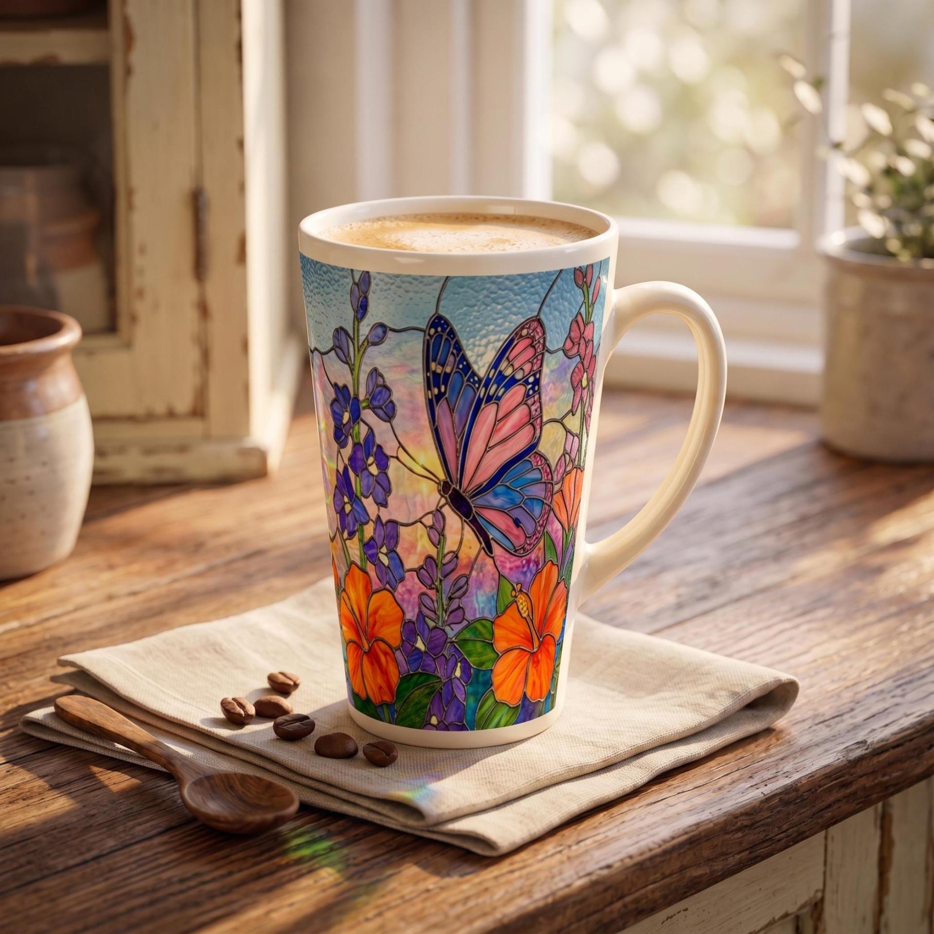 Set of 3 Cups, Butterfly, 17oz Latte Ceramic Mugs Set - Extra Tall Cup Set