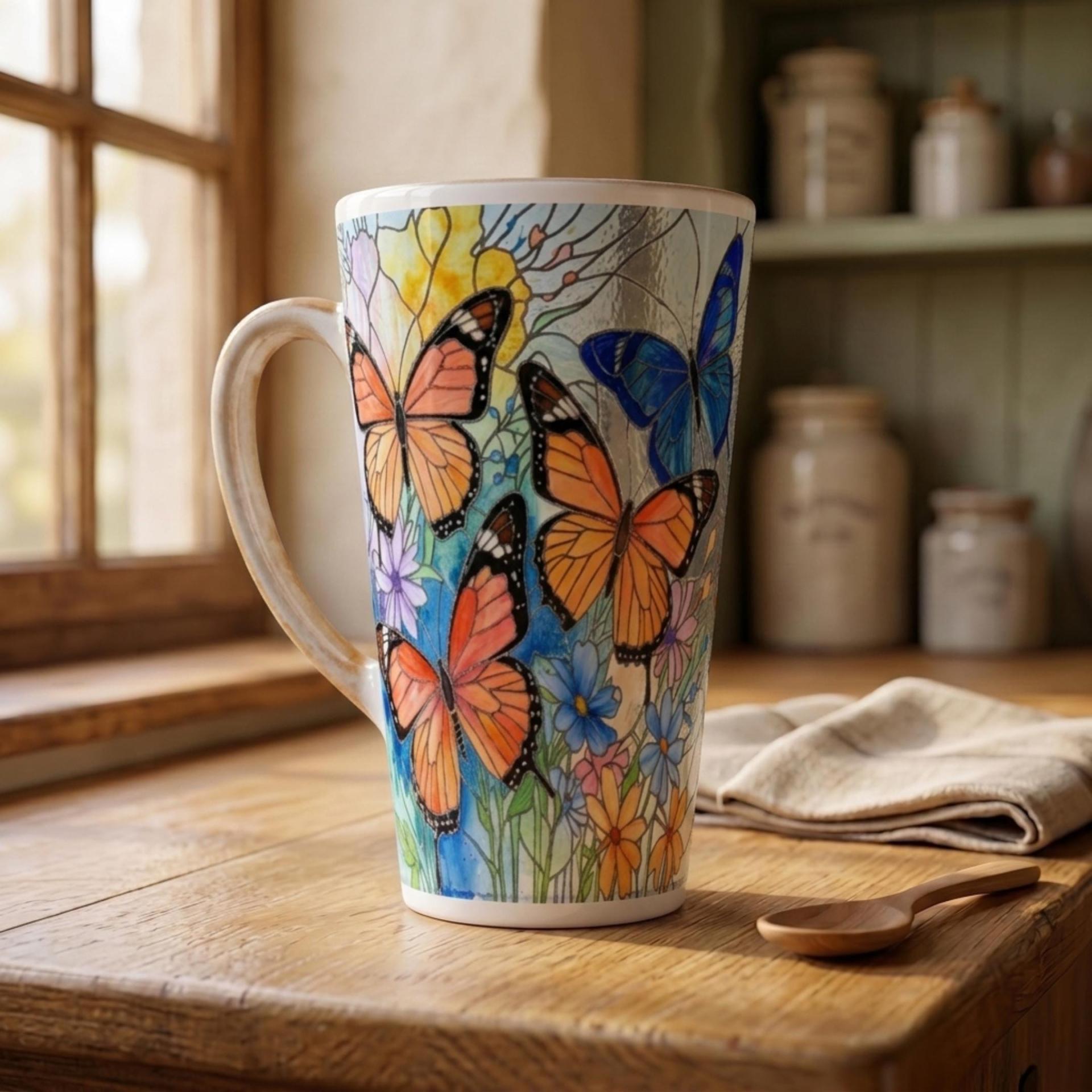 Set of 3 Cups, Butterfly, 17oz Latte Ceramic Mugs Set - Extra Tall Cup Set